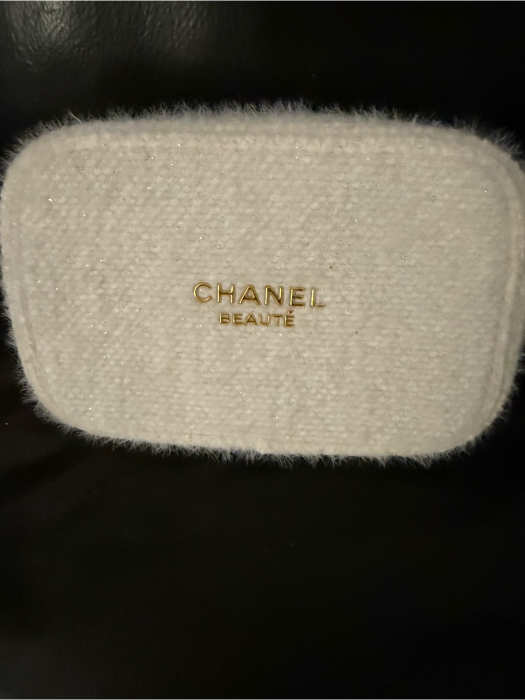 Chanel White Tweed Beauty Pouch With Gold Logo